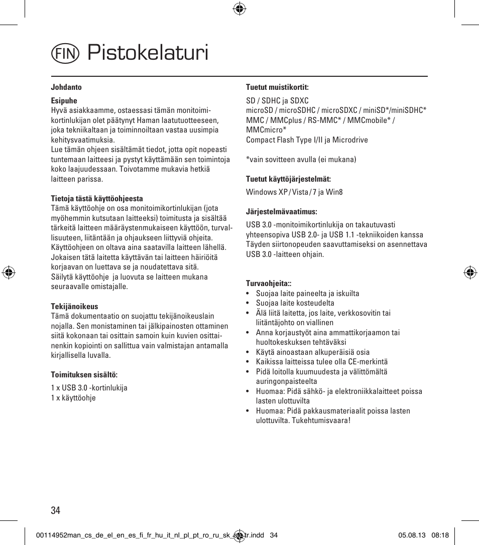 Mpistokelaturi | Hama Card Reader SuperSpeed 3in1 User Manual | Page 34 / 70