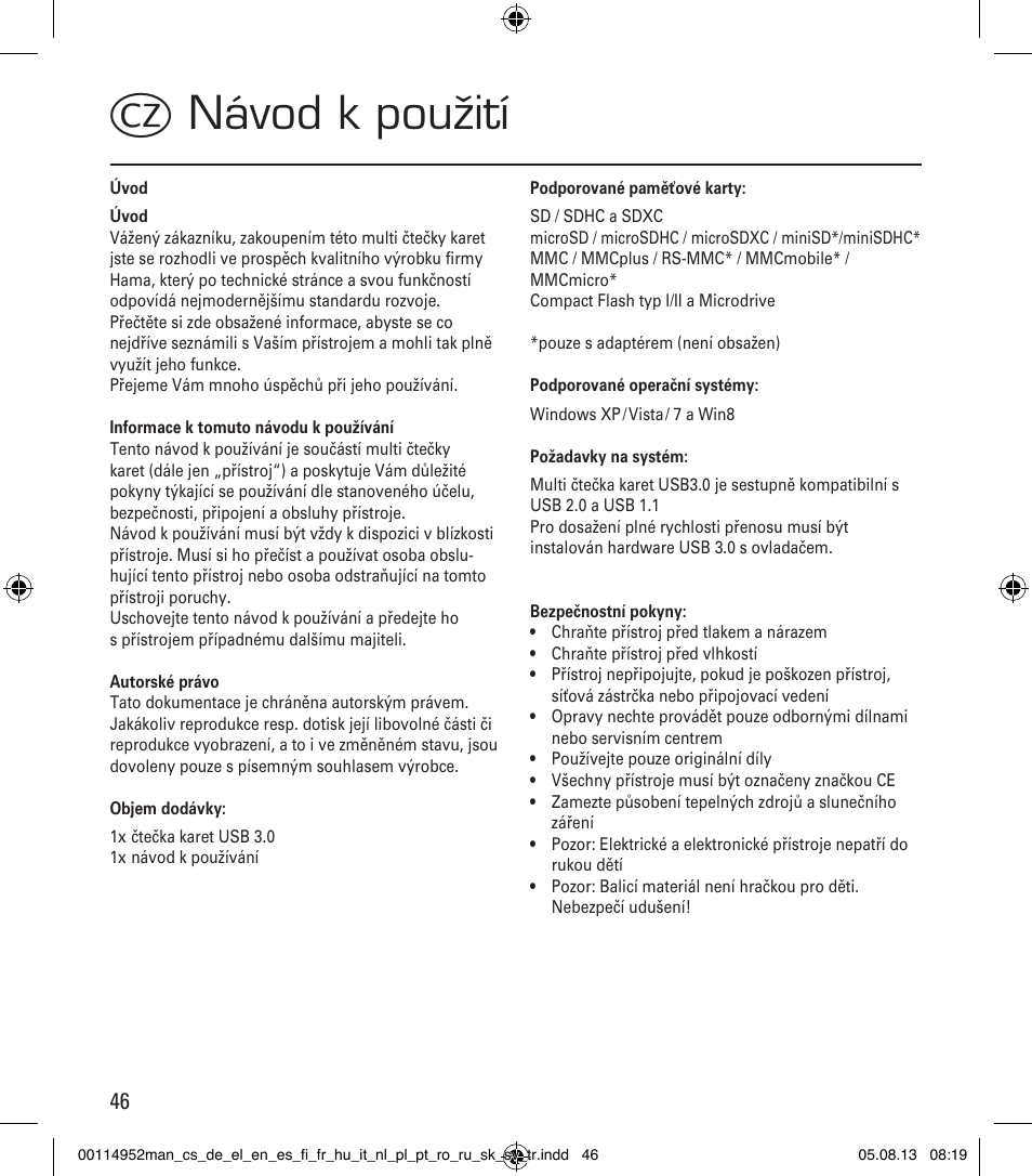 Cnávod k použití | Hama Card Reader SuperSpeed 3in1 User Manual | Page 46 / 70