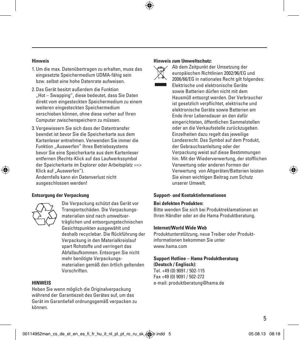 Hama Card Reader SuperSpeed 3in1 User Manual | Page 5 / 70