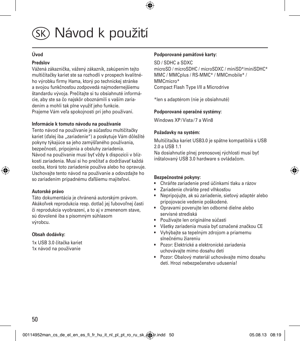 Vnávod k použití | Hama Card Reader SuperSpeed 3in1 User Manual | Page 50 / 70