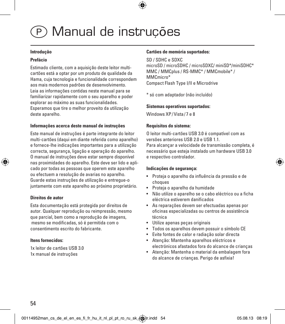 Pmanual de instruções | Hama Card Reader SuperSpeed 3in1 User Manual | Page 54 / 70