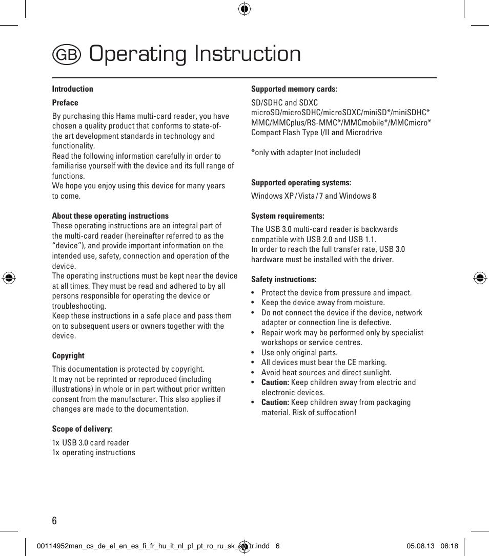 Goperating instruction | Hama Card Reader SuperSpeed 3in1 User Manual | Page 6 / 70