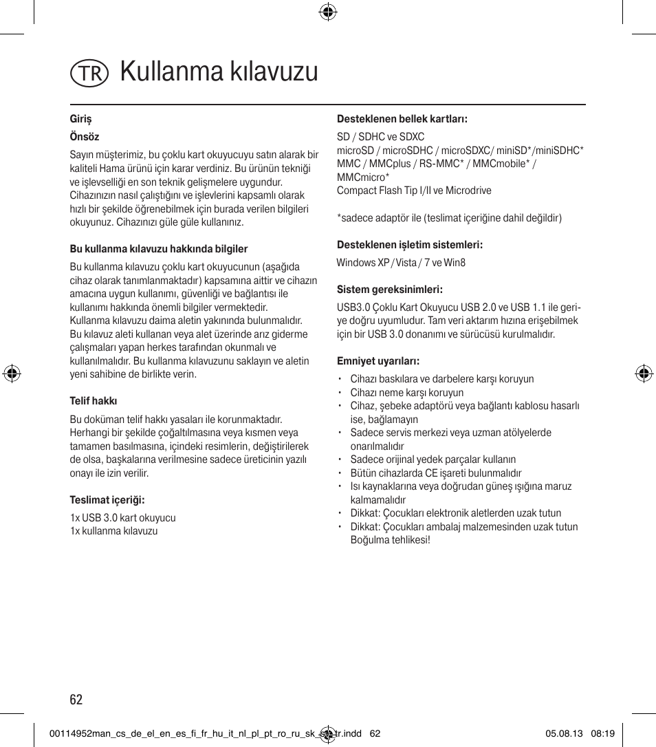 Tkullanma kılavuzu | Hama Card Reader SuperSpeed 3in1 User Manual | Page 62 / 70