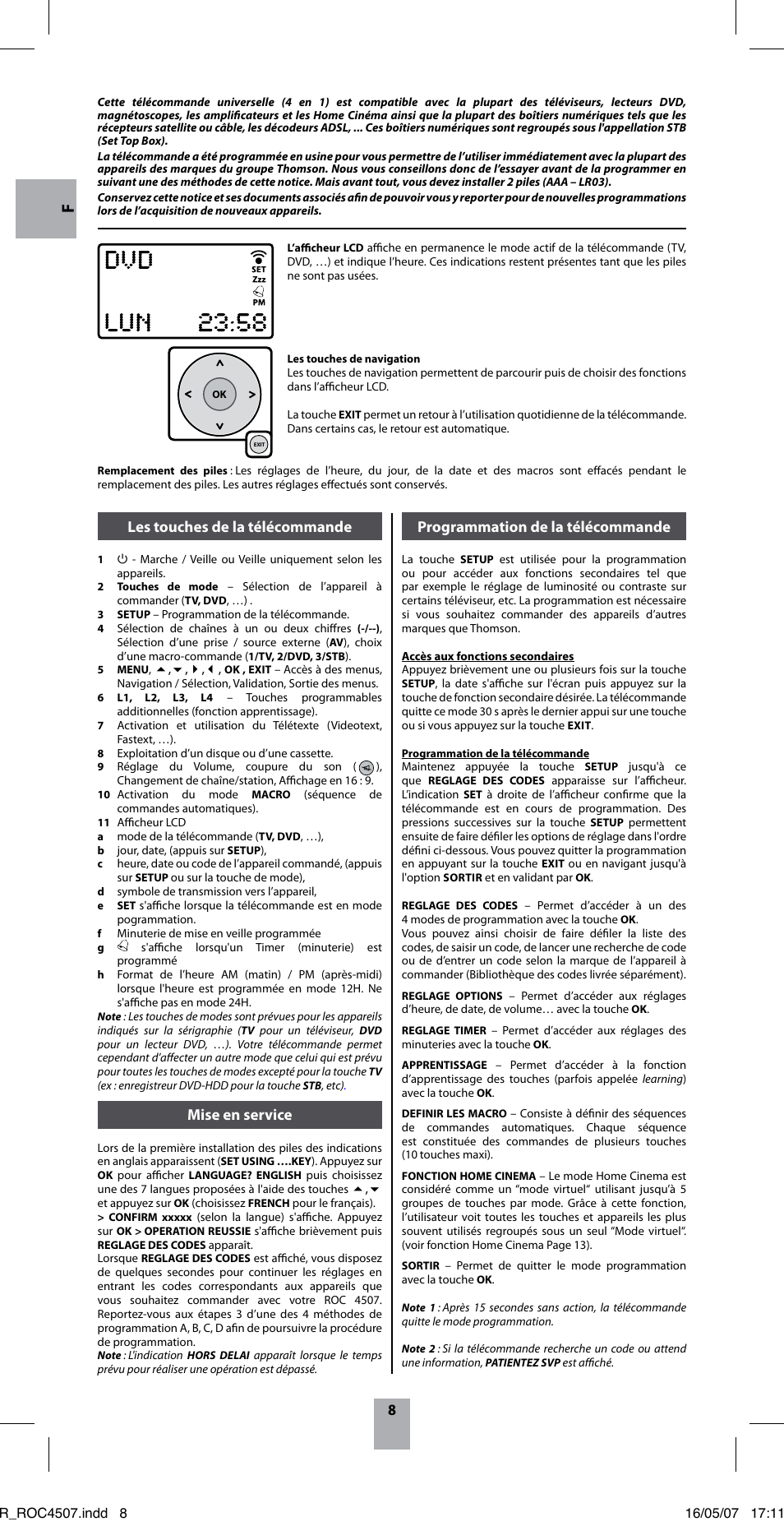 Les touches de la télécommande, Mise en service, Programmation de la télécommande | Thomson ROC4507 User Manual | Page 11 / 48