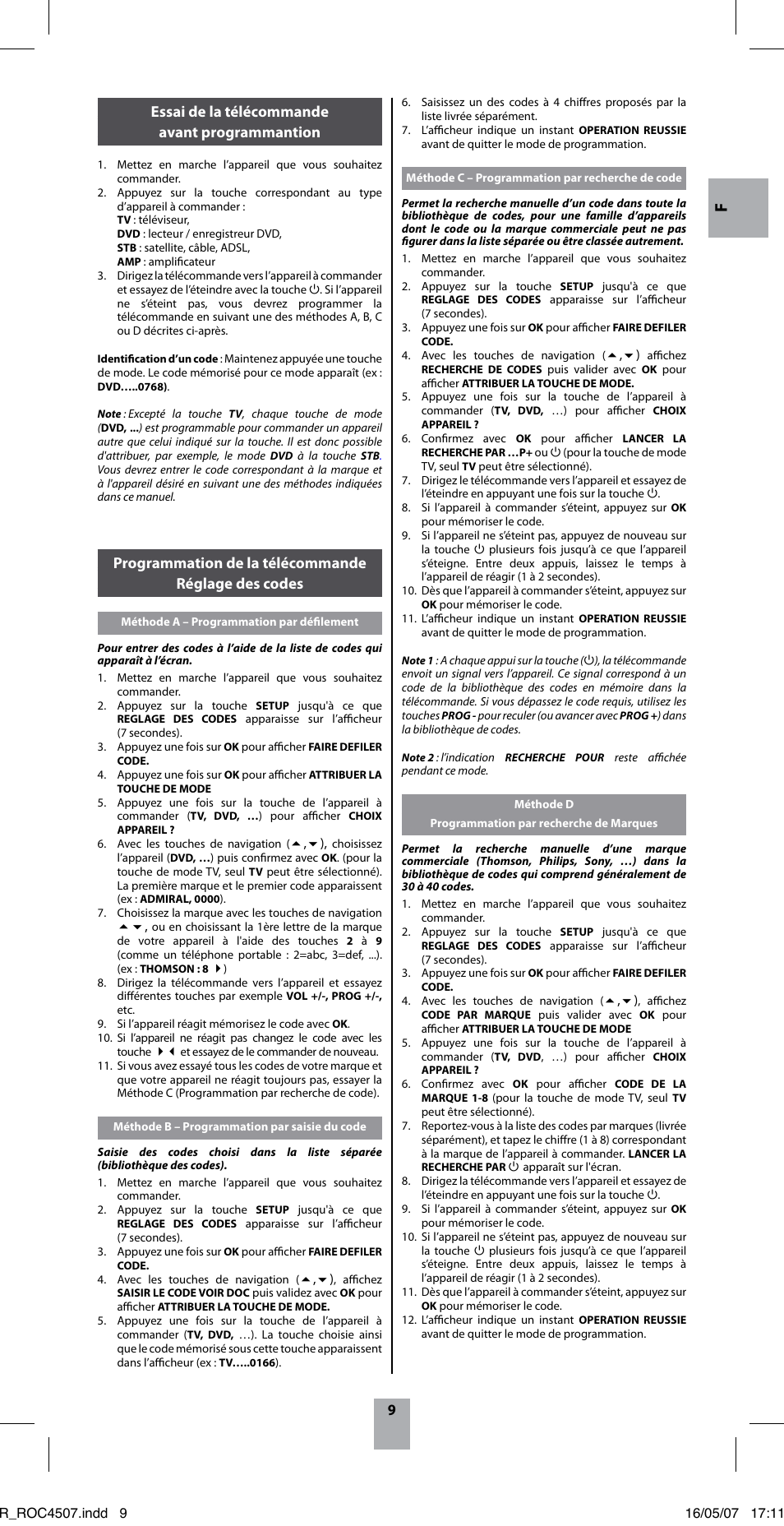 Essai de la télécommande avant programmantion | Thomson ROC4507 User Manual | Page 12 / 48