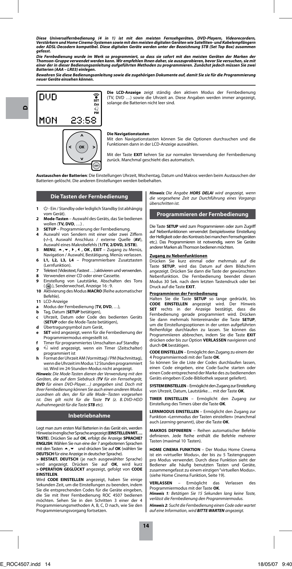 Die tasten der fernbedienung, Inbetriebnahme, Programmieren der fernbedienung | Thomson ROC4507 User Manual | Page 17 / 48