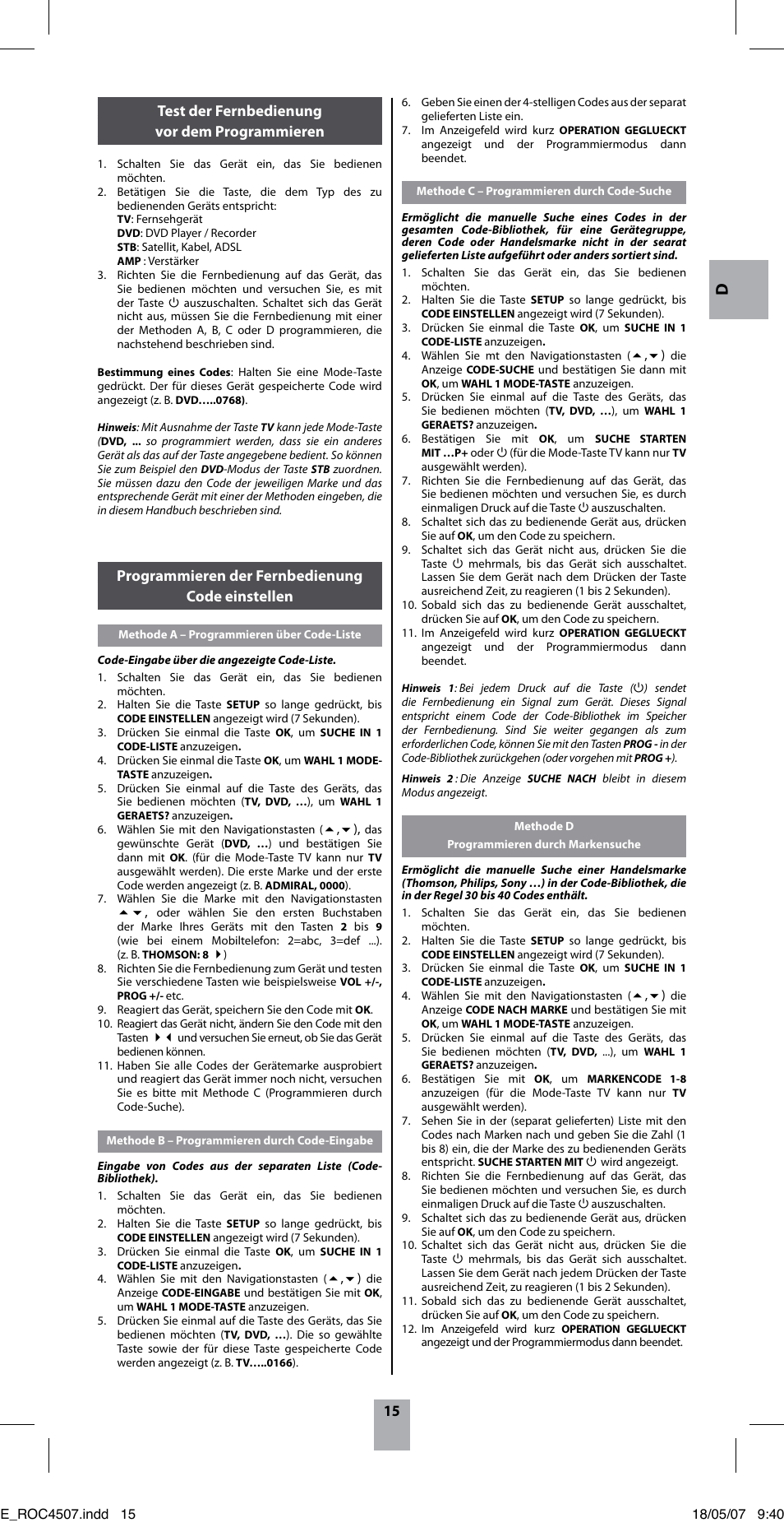 15 programmieren der fernbedienung code einstellen, Test der fernbedienung vor dem programmieren | Thomson ROC4507 User Manual | Page 18 / 48