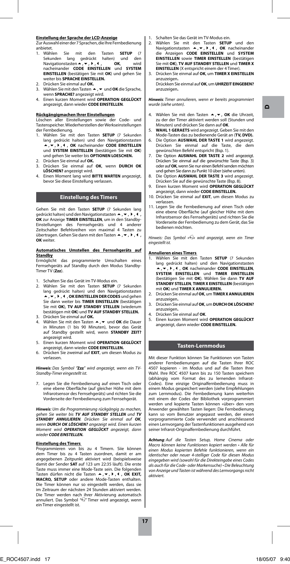 Tasten-lernmodus, Einstellung des timers | Thomson ROC4507 User Manual | Page 20 / 48