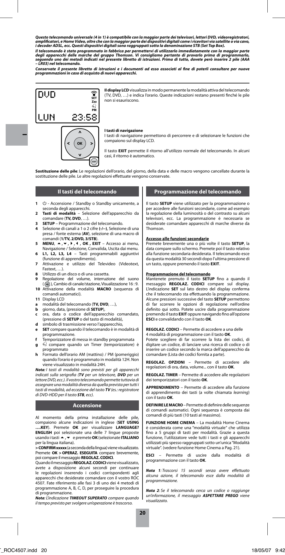 Il tasti del telecomando, Accensione, Programmazione del telecomando | Thomson ROC4507 User Manual | Page 23 / 48