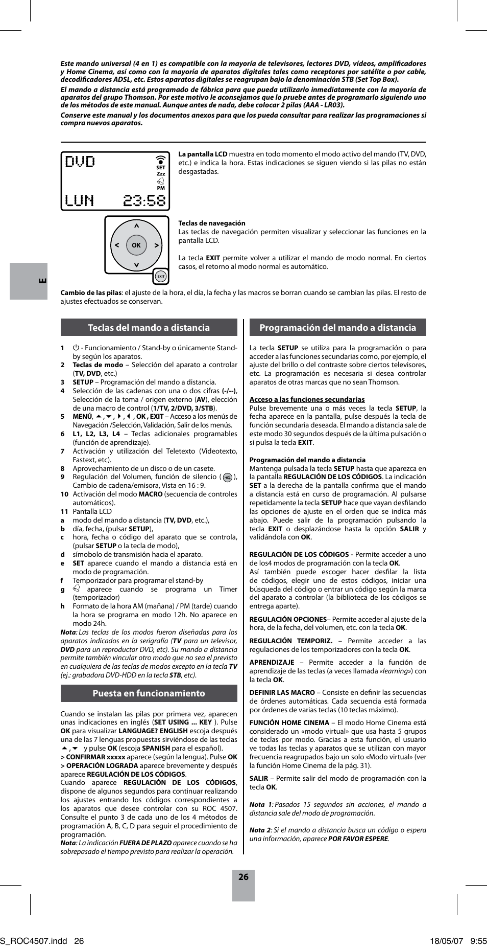 Teclas del mando a distancia, Puesta en funcionamiento, Programación del mando a distancia | Thomson ROC4507 User Manual | Page 29 / 48