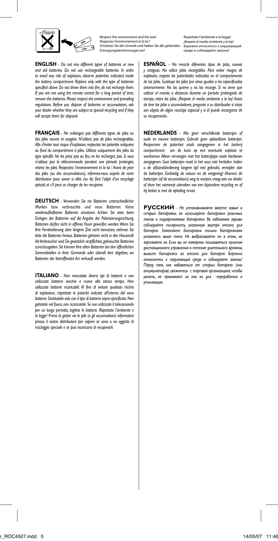 English, Français, Deutsch | Italiano, Español, Nederlands, Pуccкий | Thomson ROC4507 User Manual | Page 47 / 48