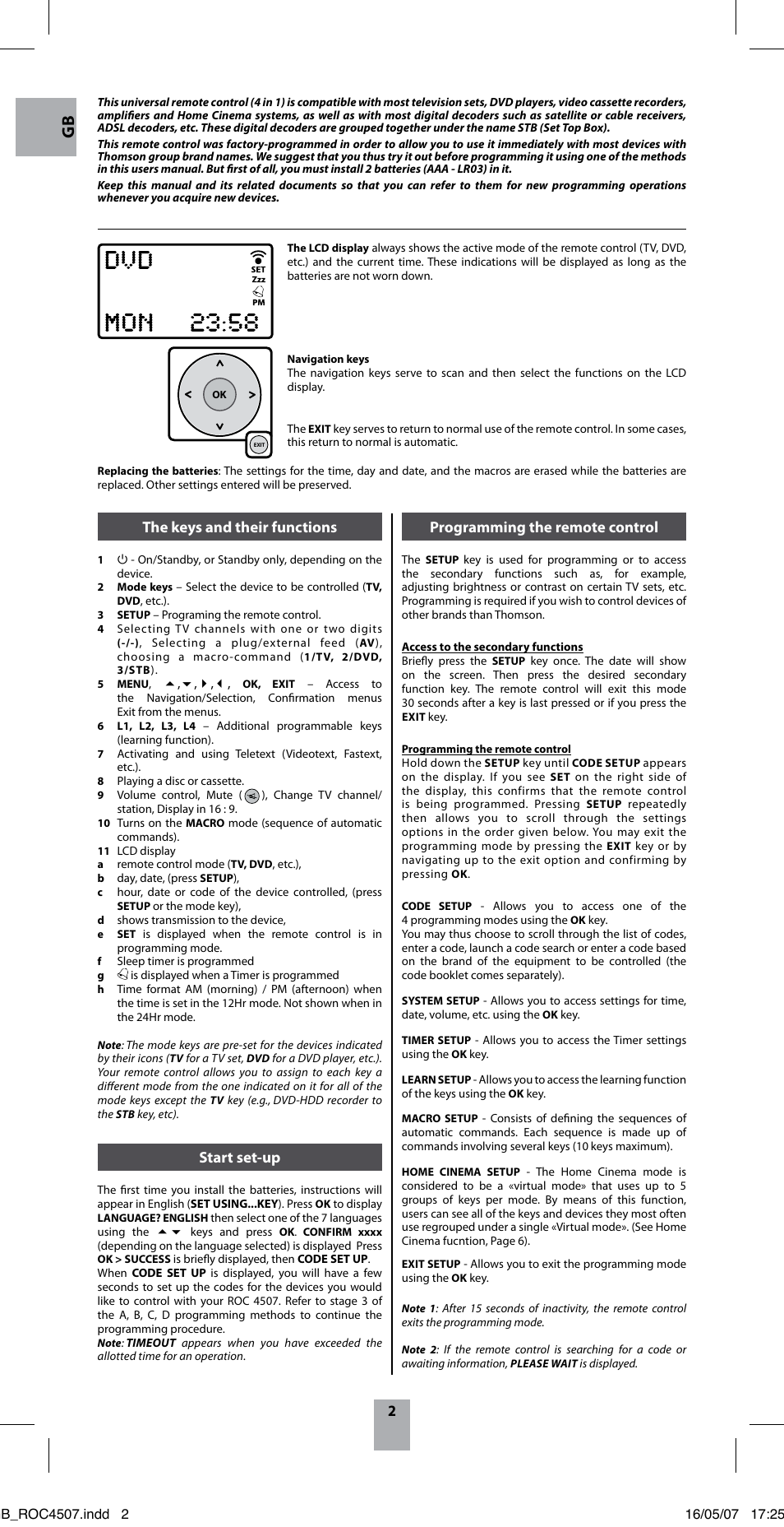 The keys and their functions, Start set-up, Programming the remote control | Thomson ROC4507 User Manual | Page 5 / 48