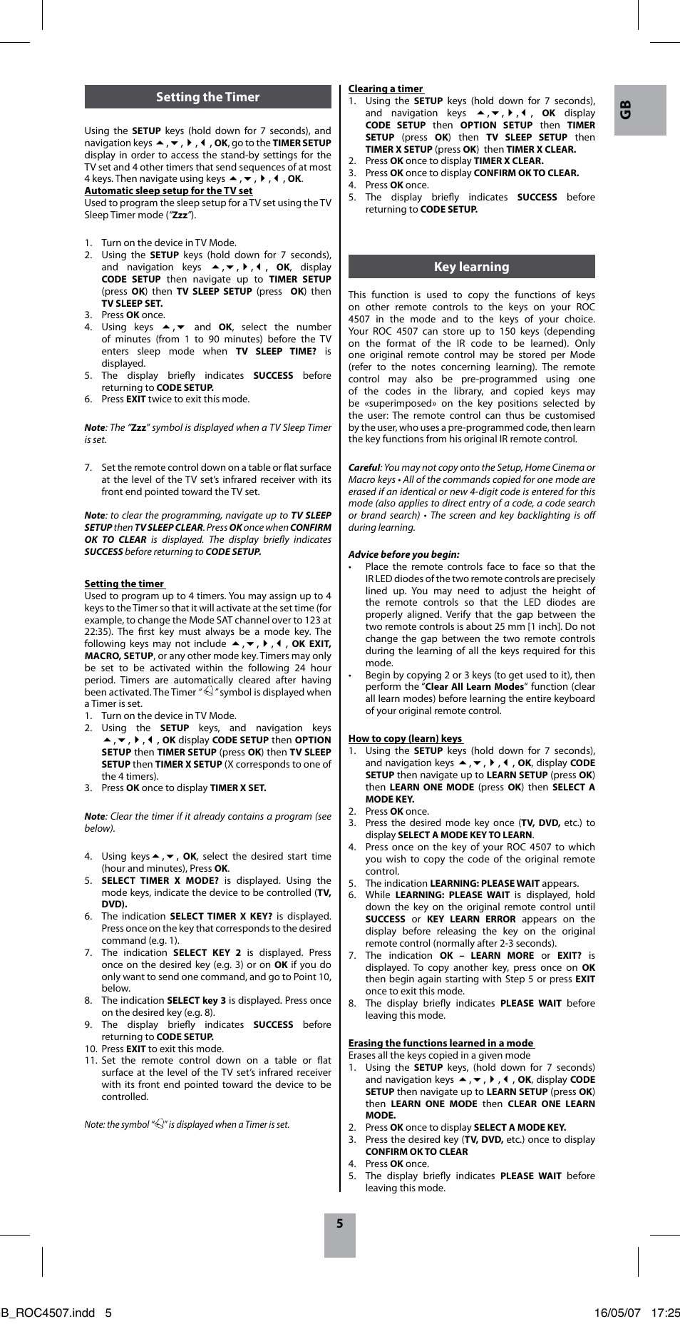 Key learning, Setting the timer | Thomson ROC4507 User Manual | Page 8 / 48