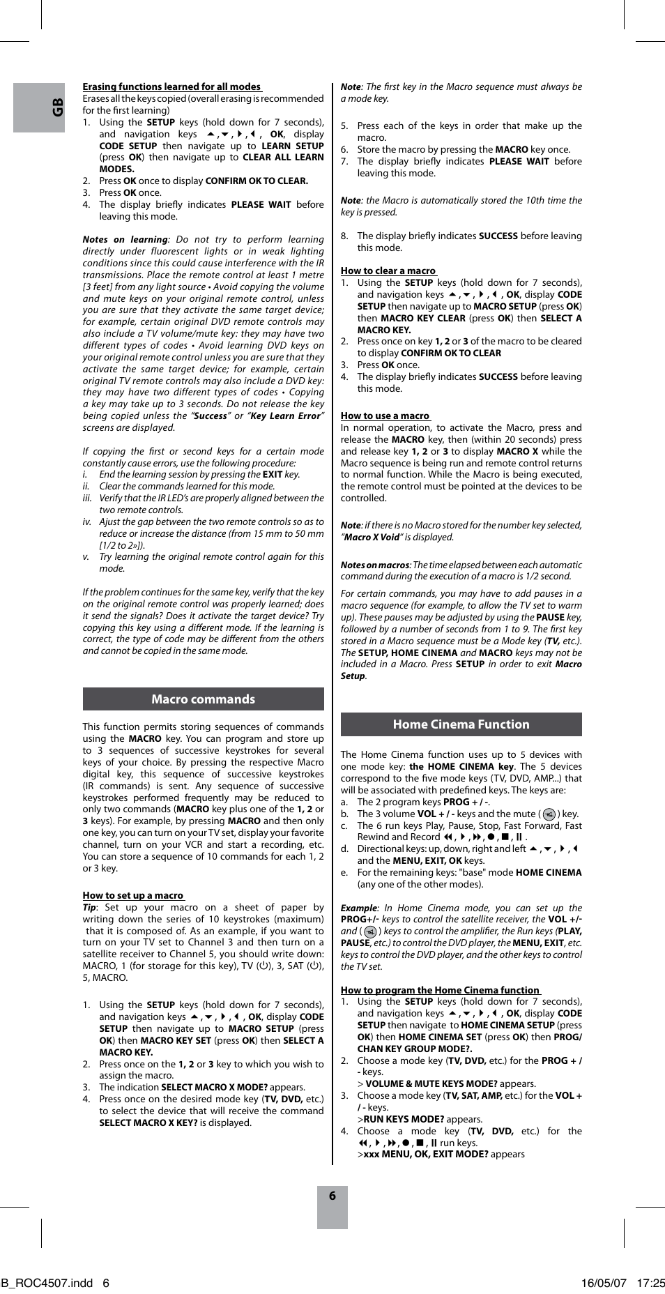 Macro commands, Home cinema function | Thomson ROC4507 User Manual | Page 9 / 48