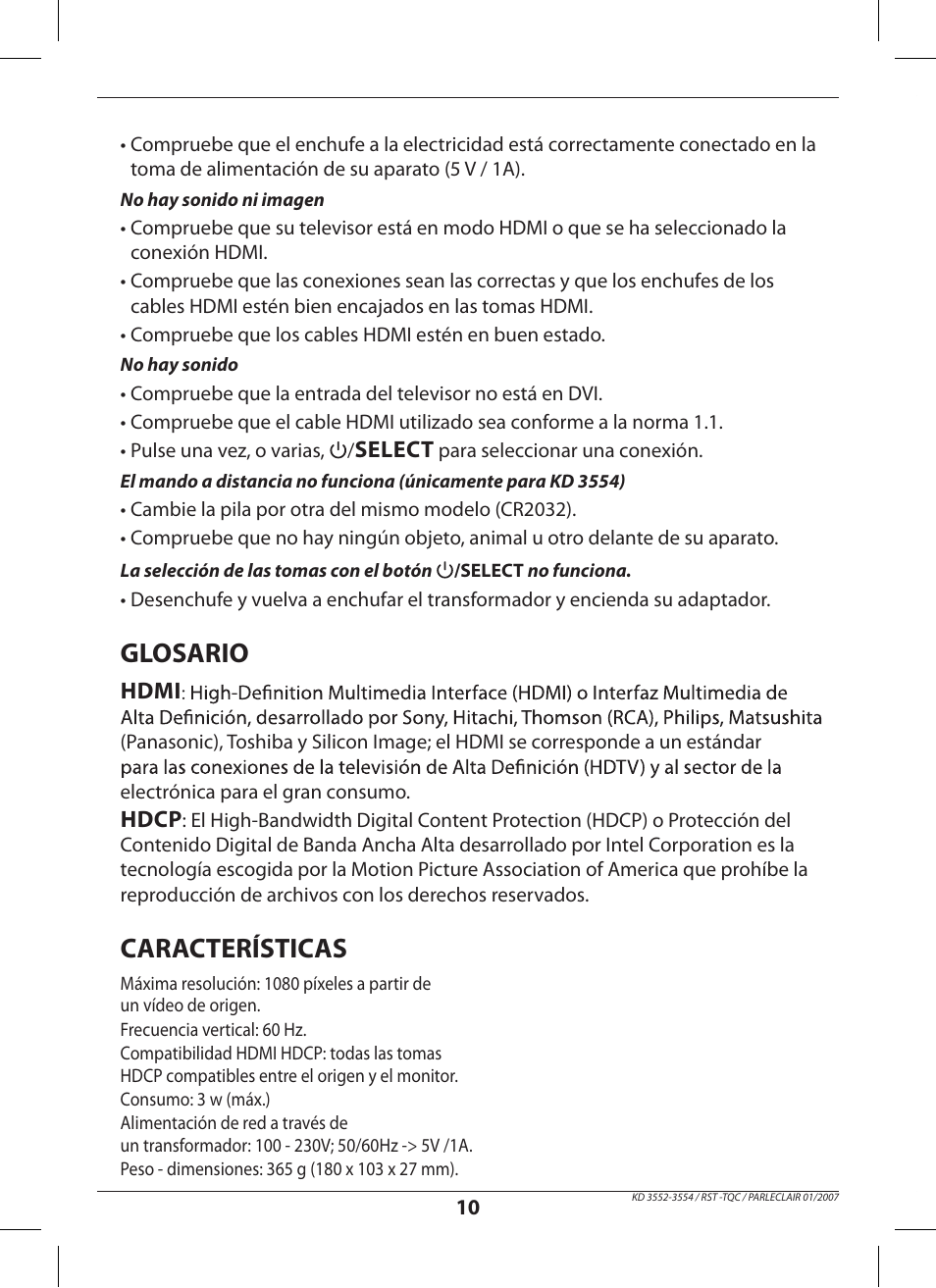 Glosario, Características | Hama KD3552 User Manual | Page 10 / 30