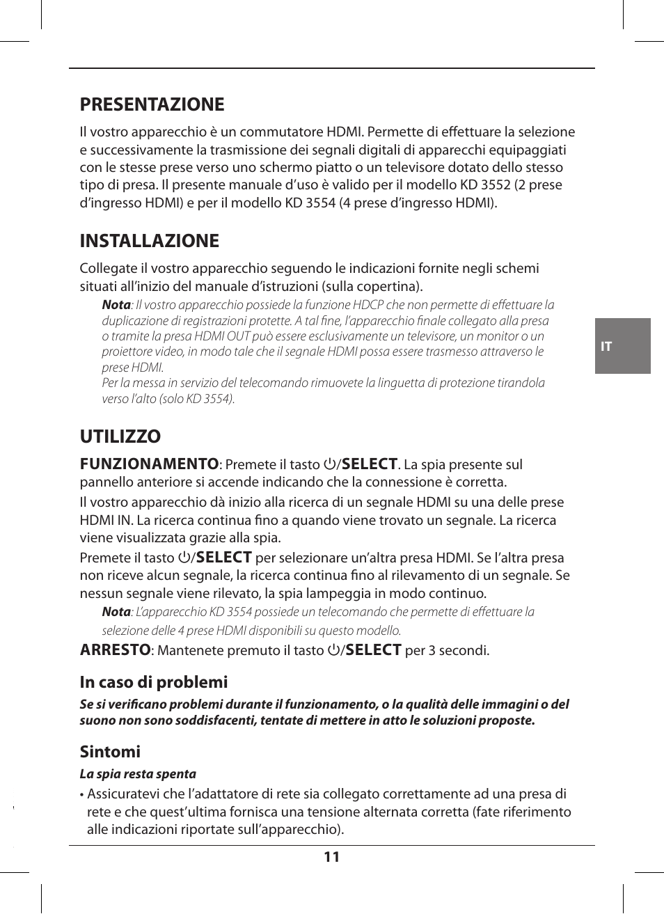 Presentazione, Installazione, Utilizzo | Sintomi | Hama KD3552 User Manual | Page 11 / 30