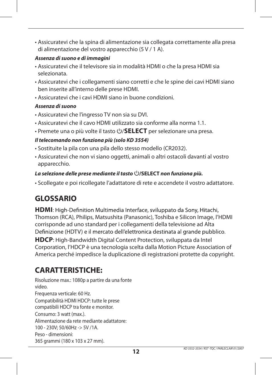 Glossario, Caratteristiche | Hama KD3552 User Manual | Page 12 / 30