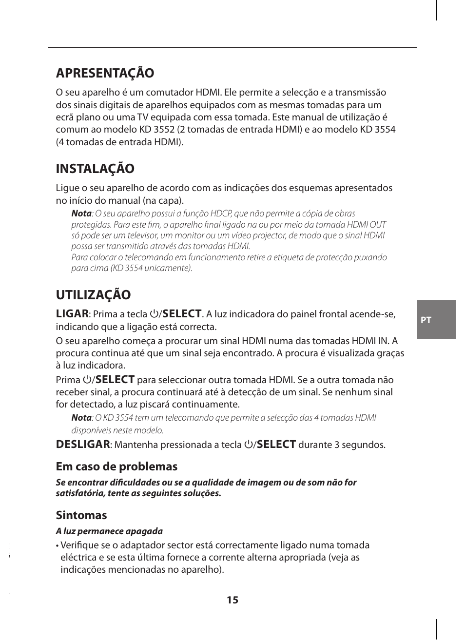 Apresentação, Instalação, Utilização | Em caso de problemas, Sintomas | Hama KD3552 User Manual | Page 15 / 30
