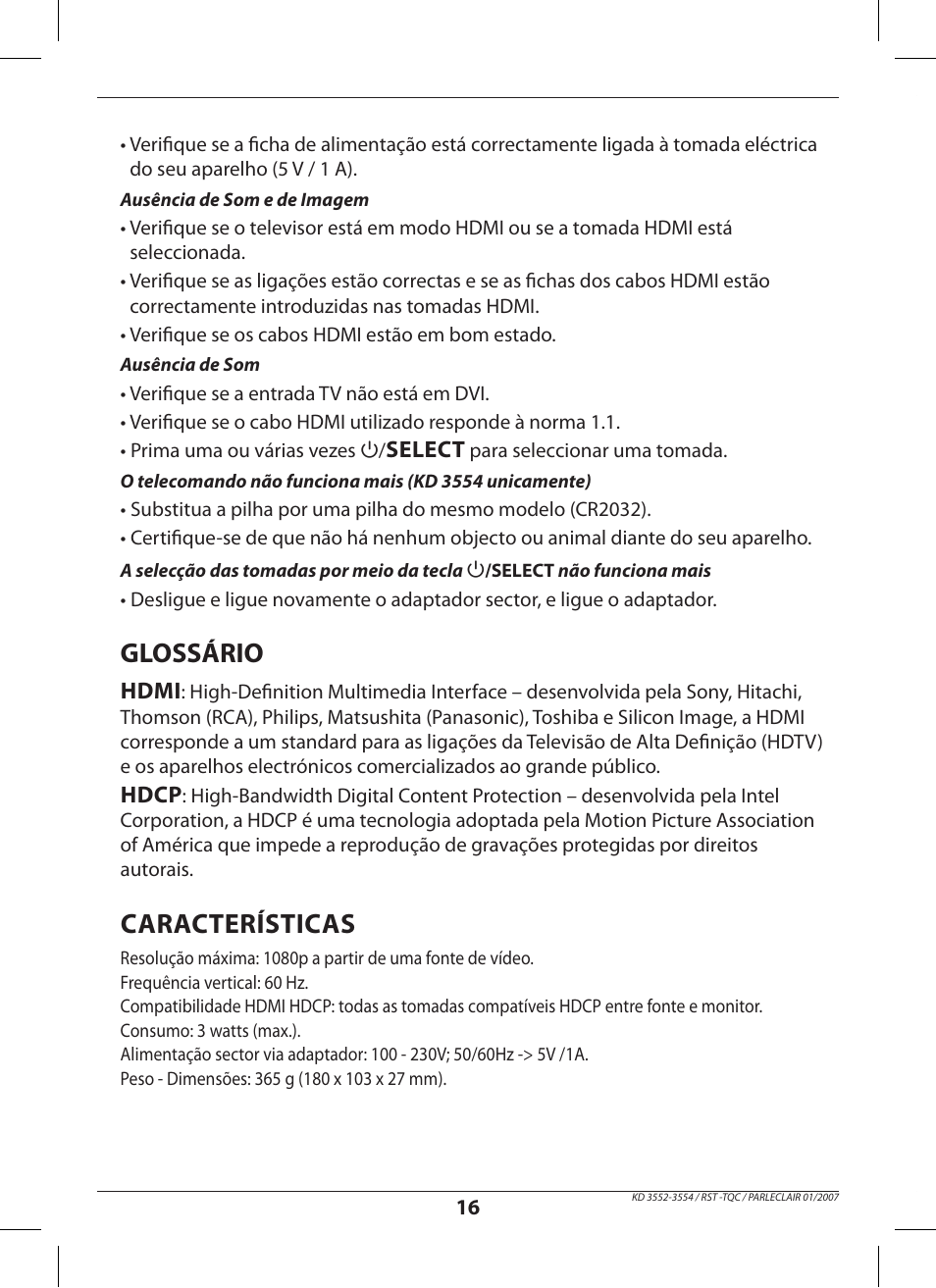 Glossário, Características | Hama KD3552 User Manual | Page 16 / 30