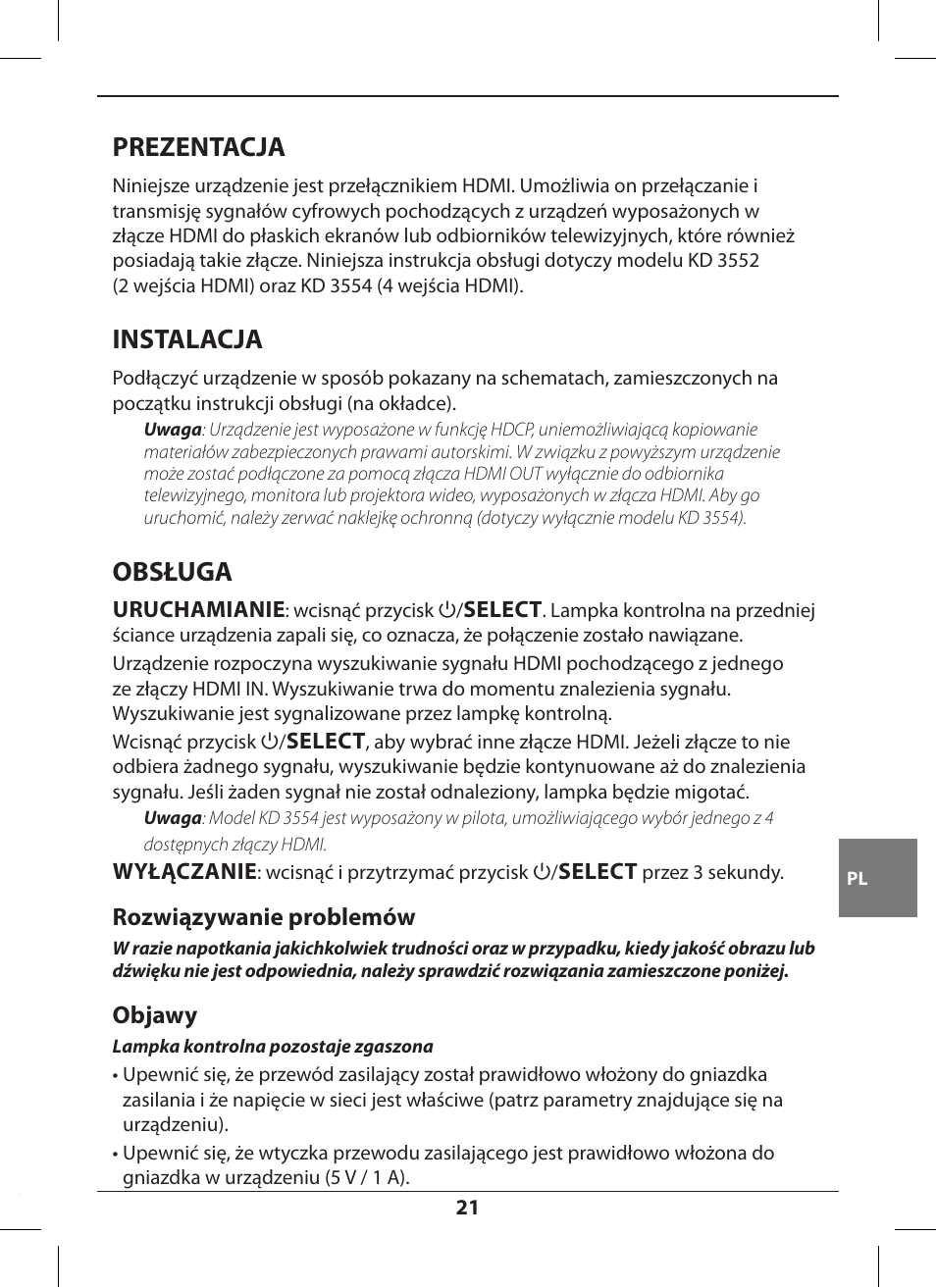 Prezentacja, Instalacja, Obsługa | Rozwiązywanie problemów, Objawy | Hama KD3552 User Manual | Page 21 / 30