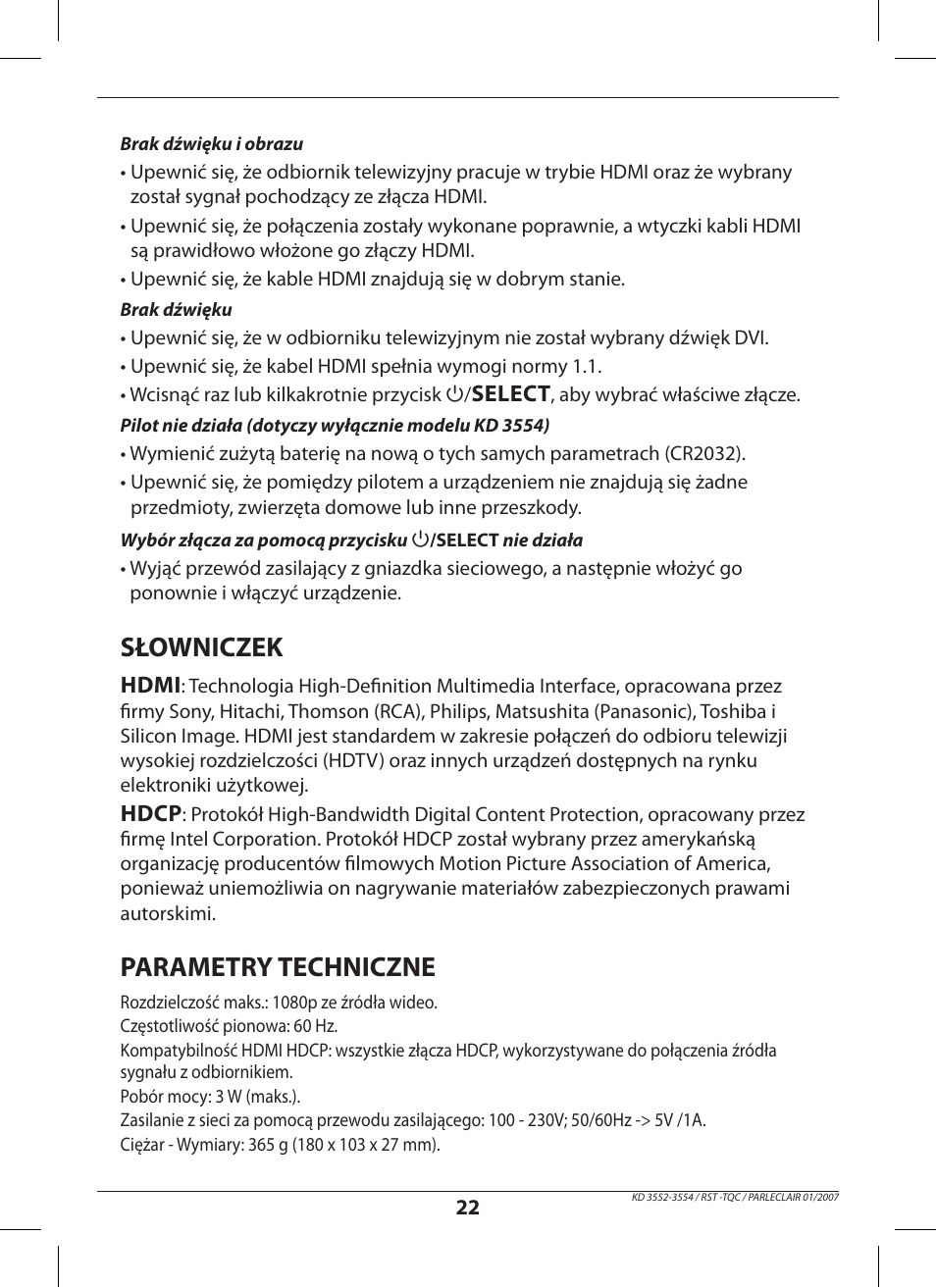 Słowniczek, Parametry techniczne | Hama KD3552 User Manual | Page 22 / 30