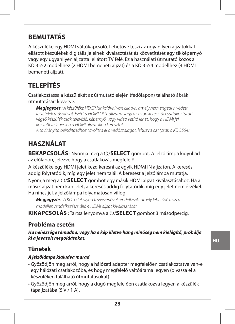 Bemutatás, Telepítés, Használat | Probléma esetén, Tünetek | Hama KD3552 User Manual | Page 23 / 30
