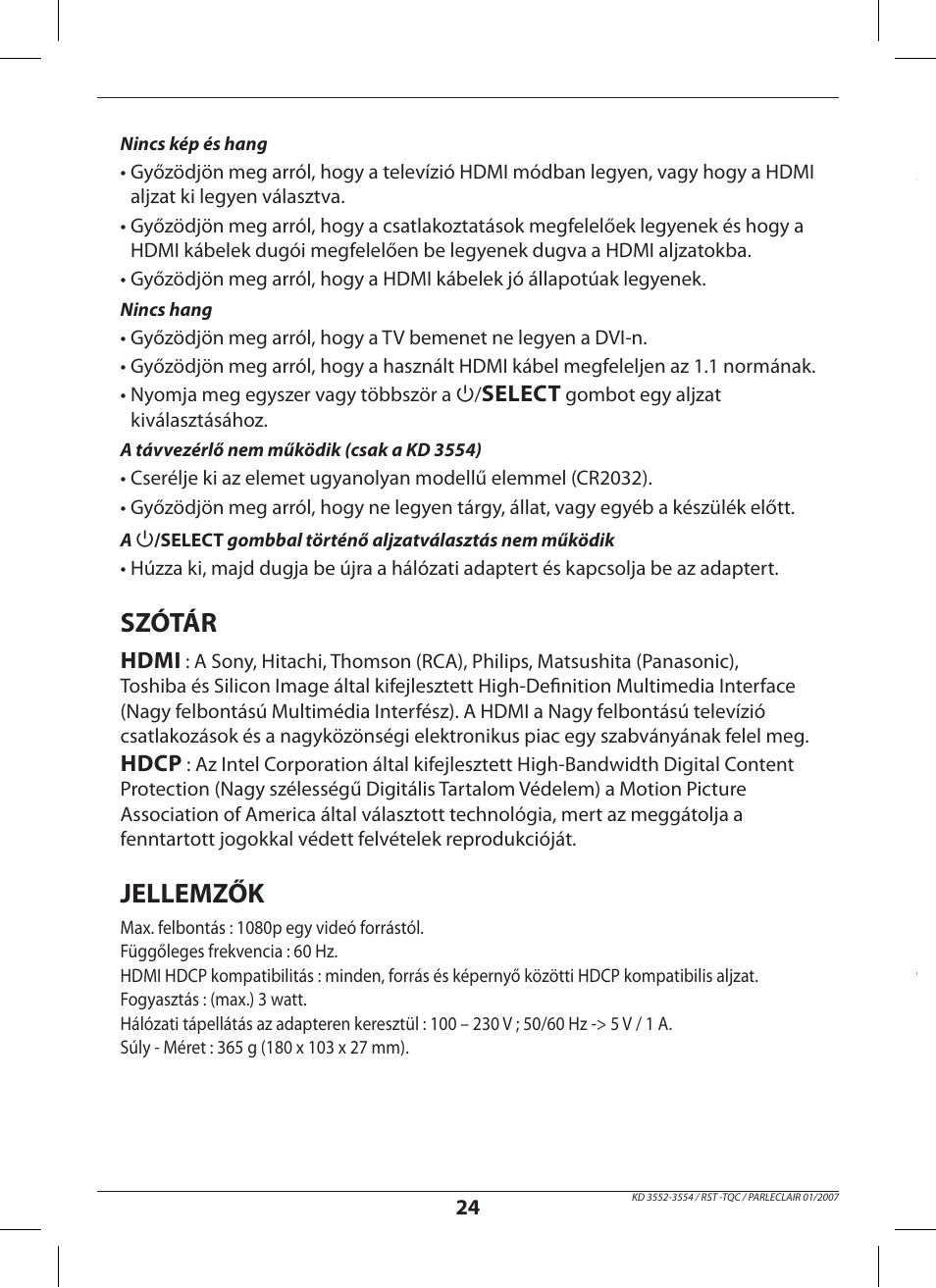 Popis, Instalace, Použití | Szótár, Jellemzők, Co dělat v případě problému, Příznaky | Hama KD3552 User Manual | Page 24 / 30