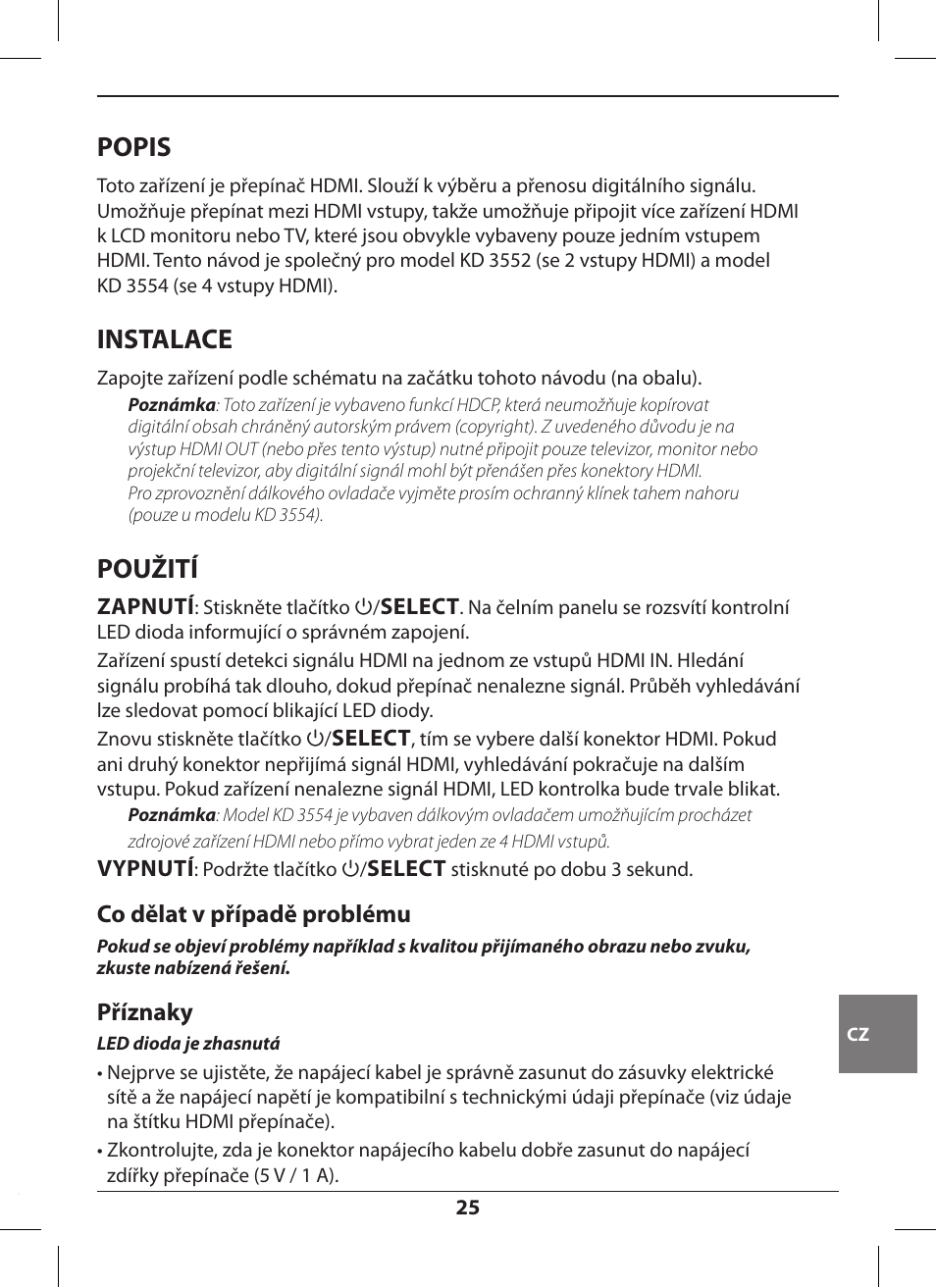 Popis, Instalace, Použití | Co dělat v případě problému, Příznaky | Hama KD3552 User Manual | Page 25 / 30