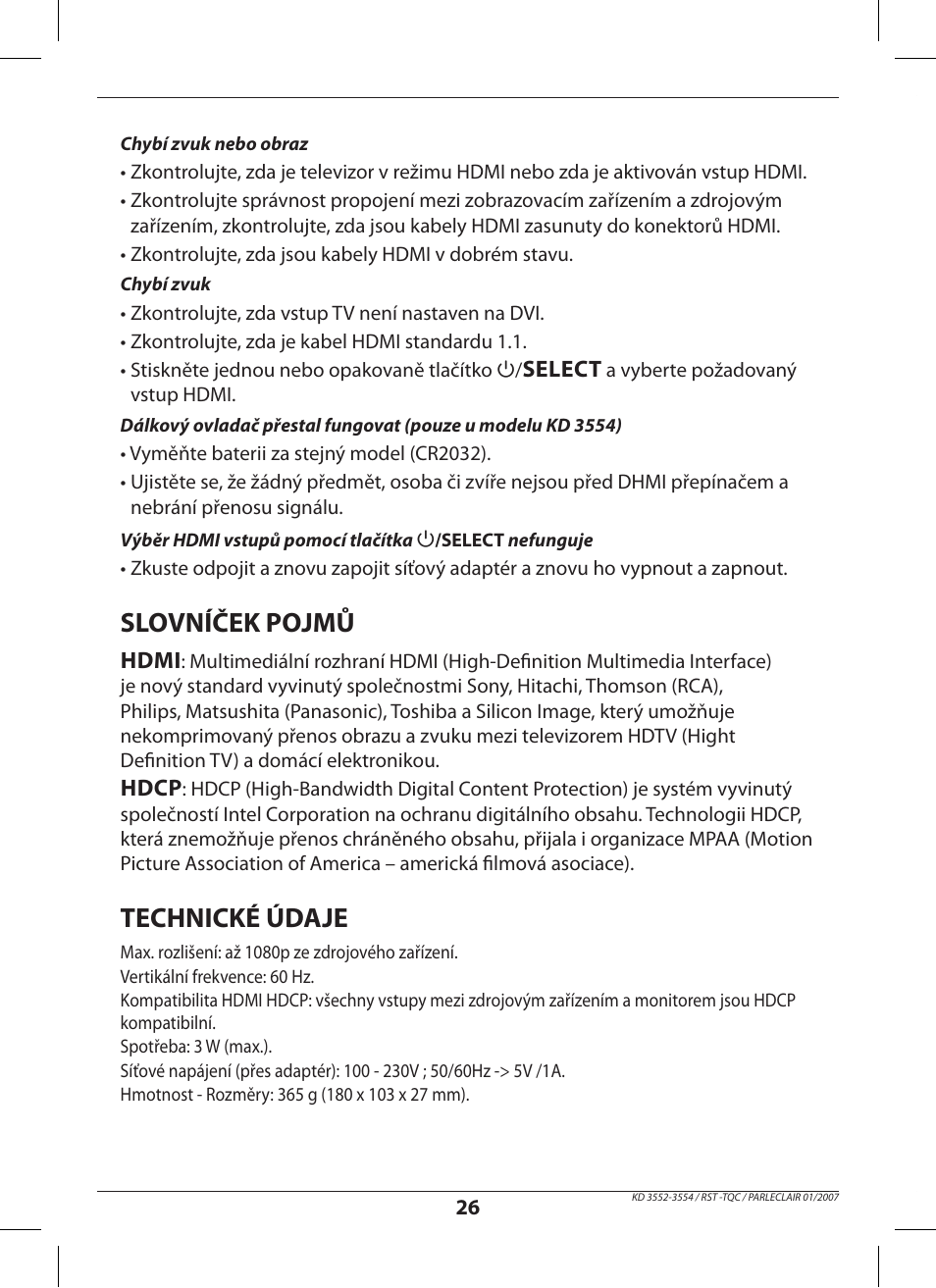 Slovníček pojmů, Technické údaje | Hama KD3552 User Manual | Page 26 / 30