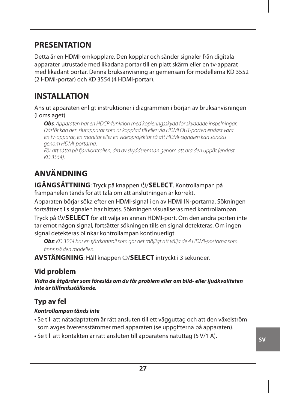 Presentation, Installation, Användning | Vid problem, Typ av fel | Hama KD3552 User Manual | Page 27 / 30