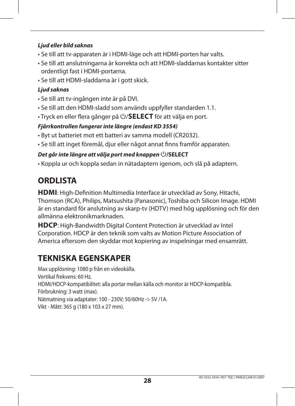 Safety information - uk socket, Ordlista, Tekniska egenskaper | Mains connection, Select, Hdmi, Hdcp | Hama KD3552 User Manual | Page 28 / 30