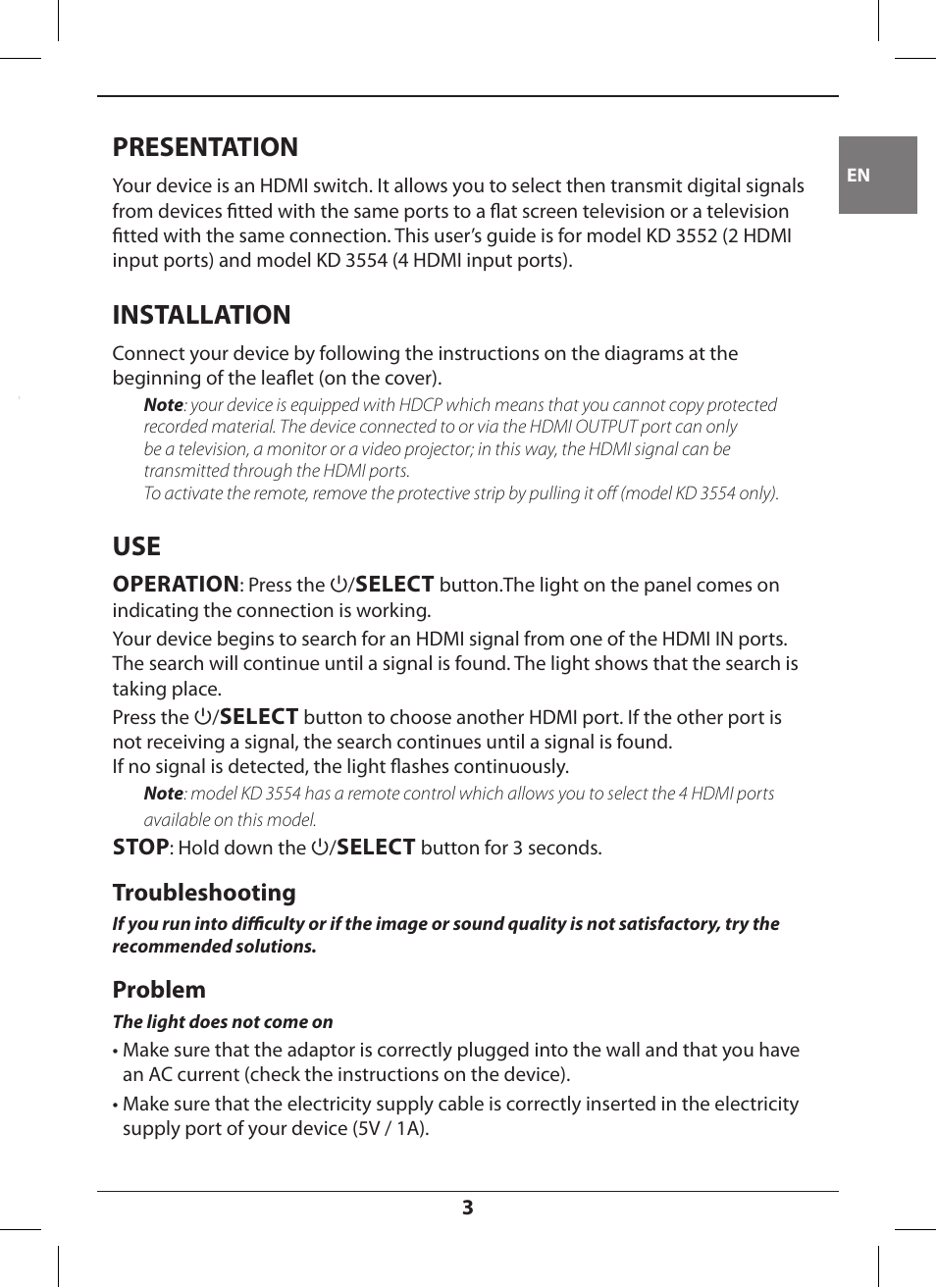 Dvd stb, Kd3554, Presentation | Installation | Hama KD3552 User Manual | Page 3 / 30