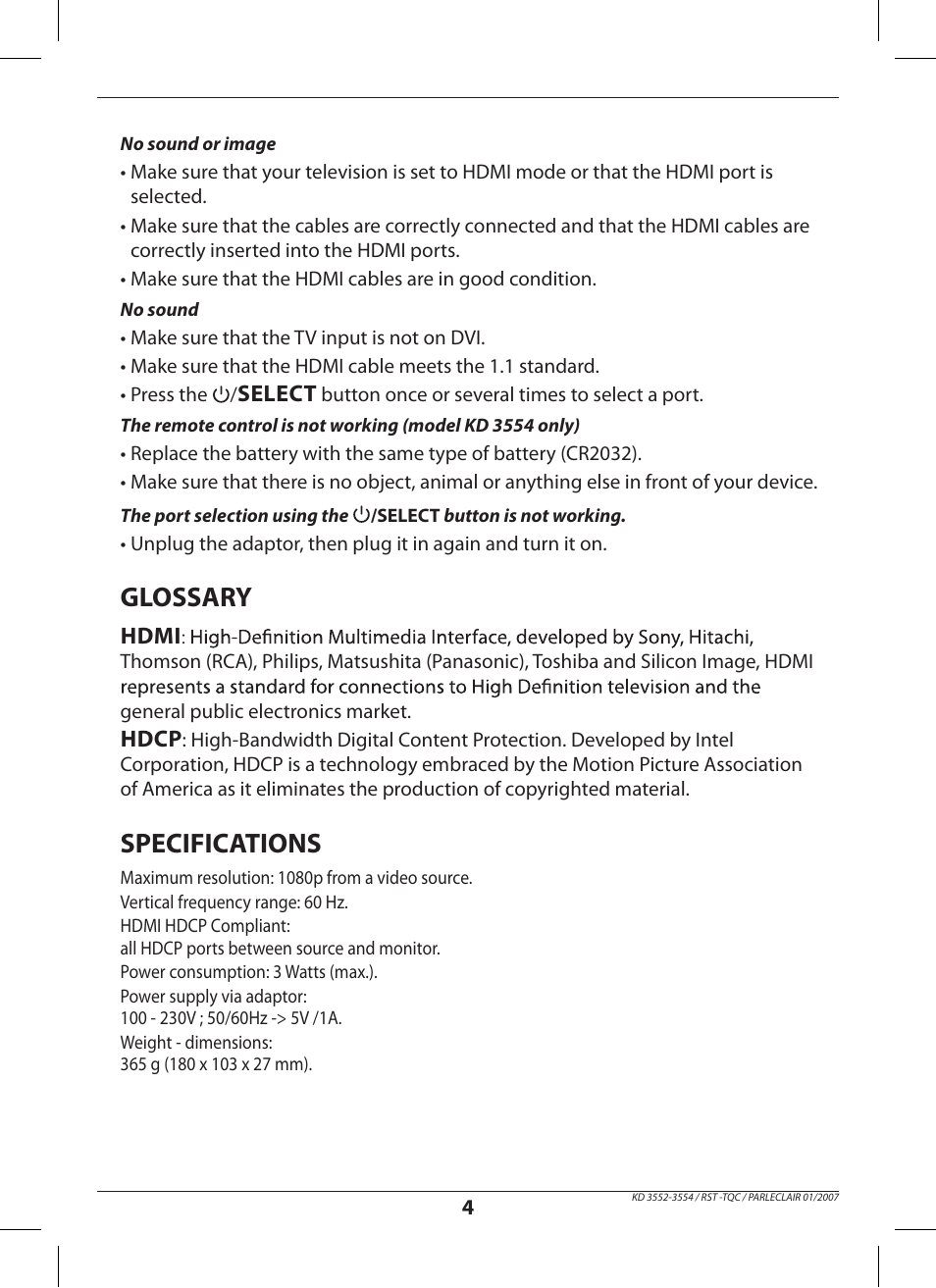 Glossary, Specifications | Hama KD3552 User Manual | Page 4 / 30