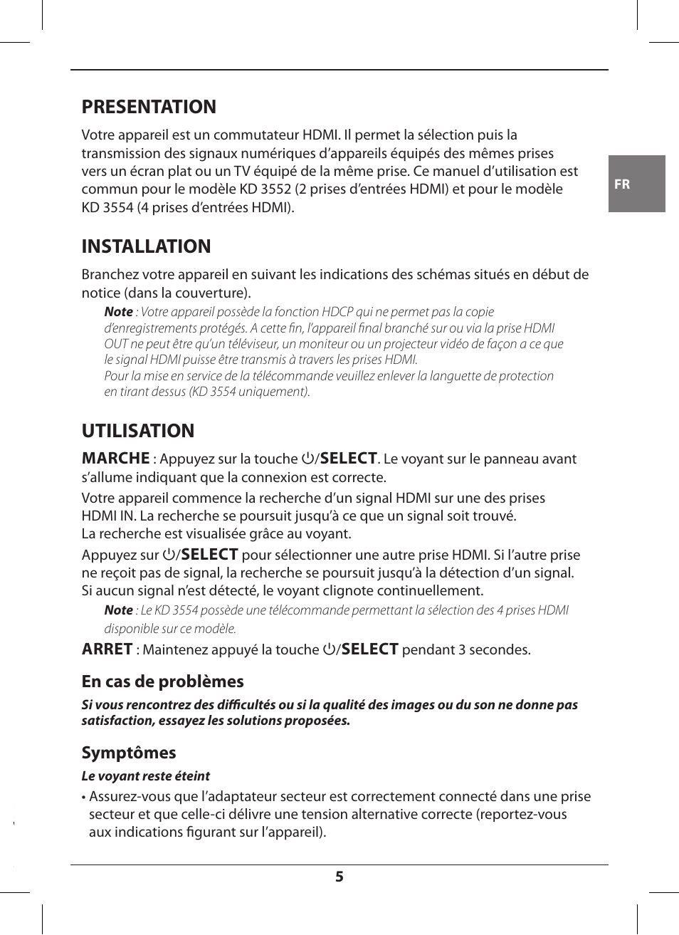 Presentation, Installation, Utilisation | En cas de problèmes, Symptômes | Hama KD3552 User Manual | Page 5 / 30