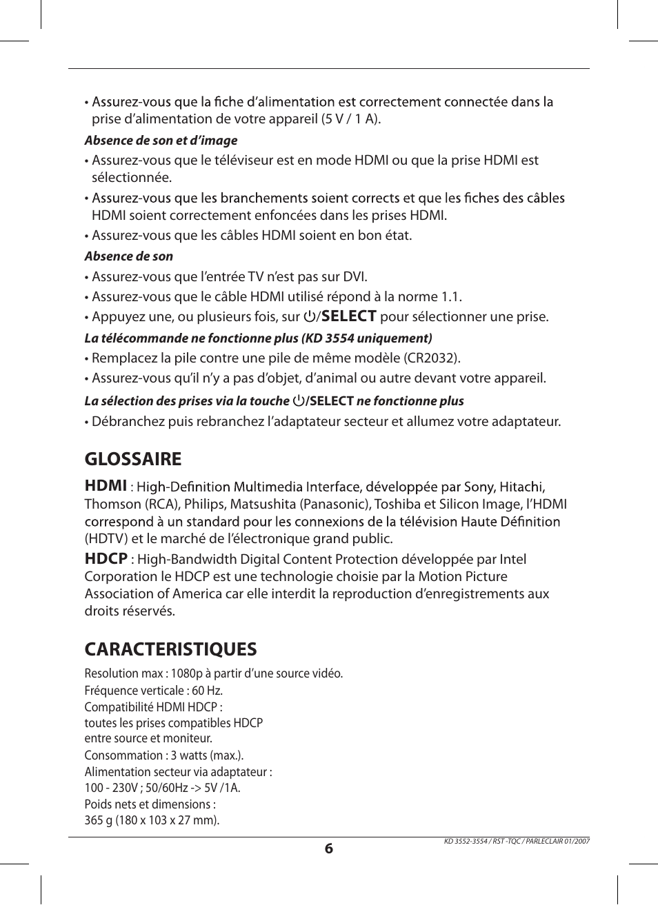 Glossaire, Caracteristiques | Hama KD3552 User Manual | Page 6 / 30