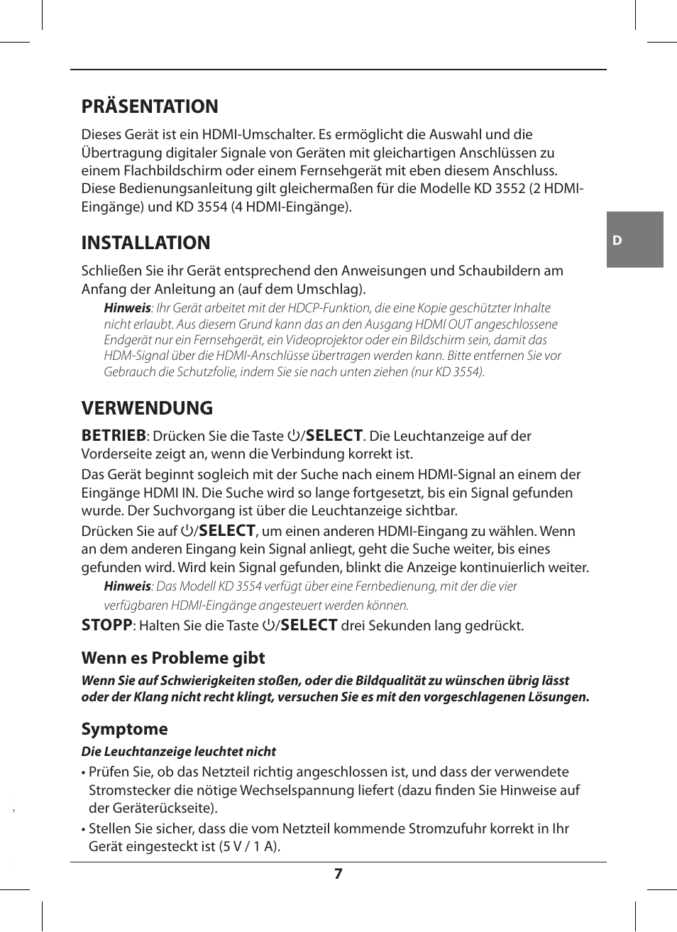 Präsentation, Installation, Verwendung | Wenn es probleme gibt, Symptome | Hama KD3552 User Manual | Page 7 / 30
