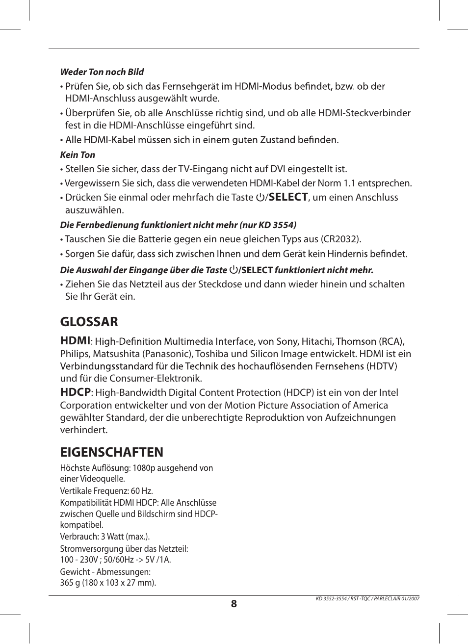 Glossar, Eigenschaften | Hama KD3552 User Manual | Page 8 / 30