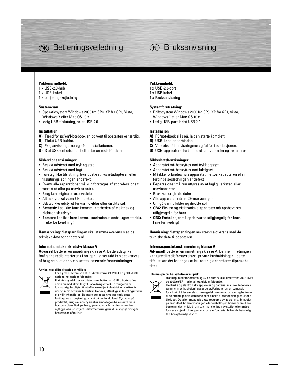 Jbetjeningsvejledning n bruksanvisning | Hama USB 2.0 Hub User Manual | Page 13 / 14