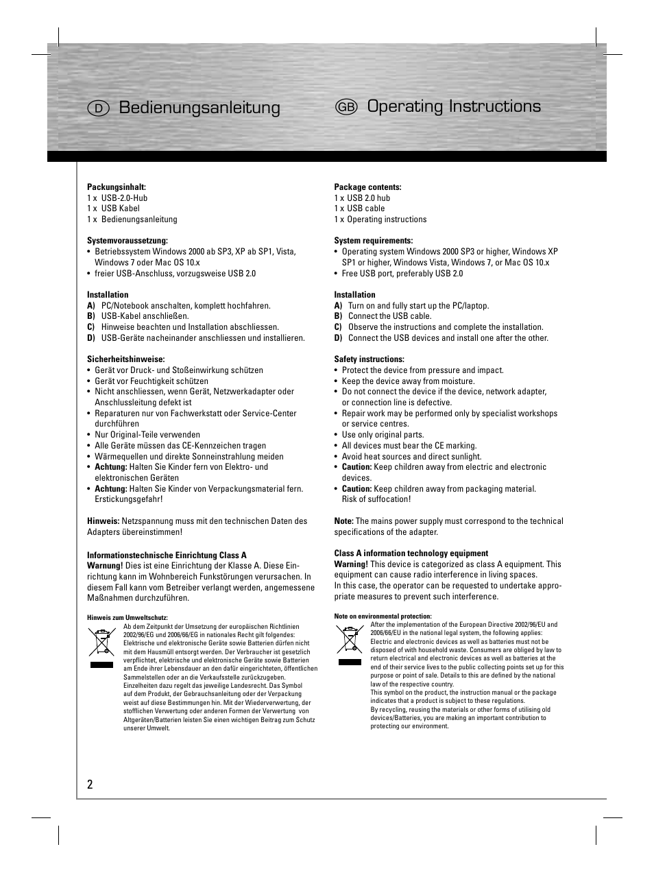 D bedienungsanleitung g operating instructions | Hama USB 2.0 Hub User Manual | Page 5 / 14