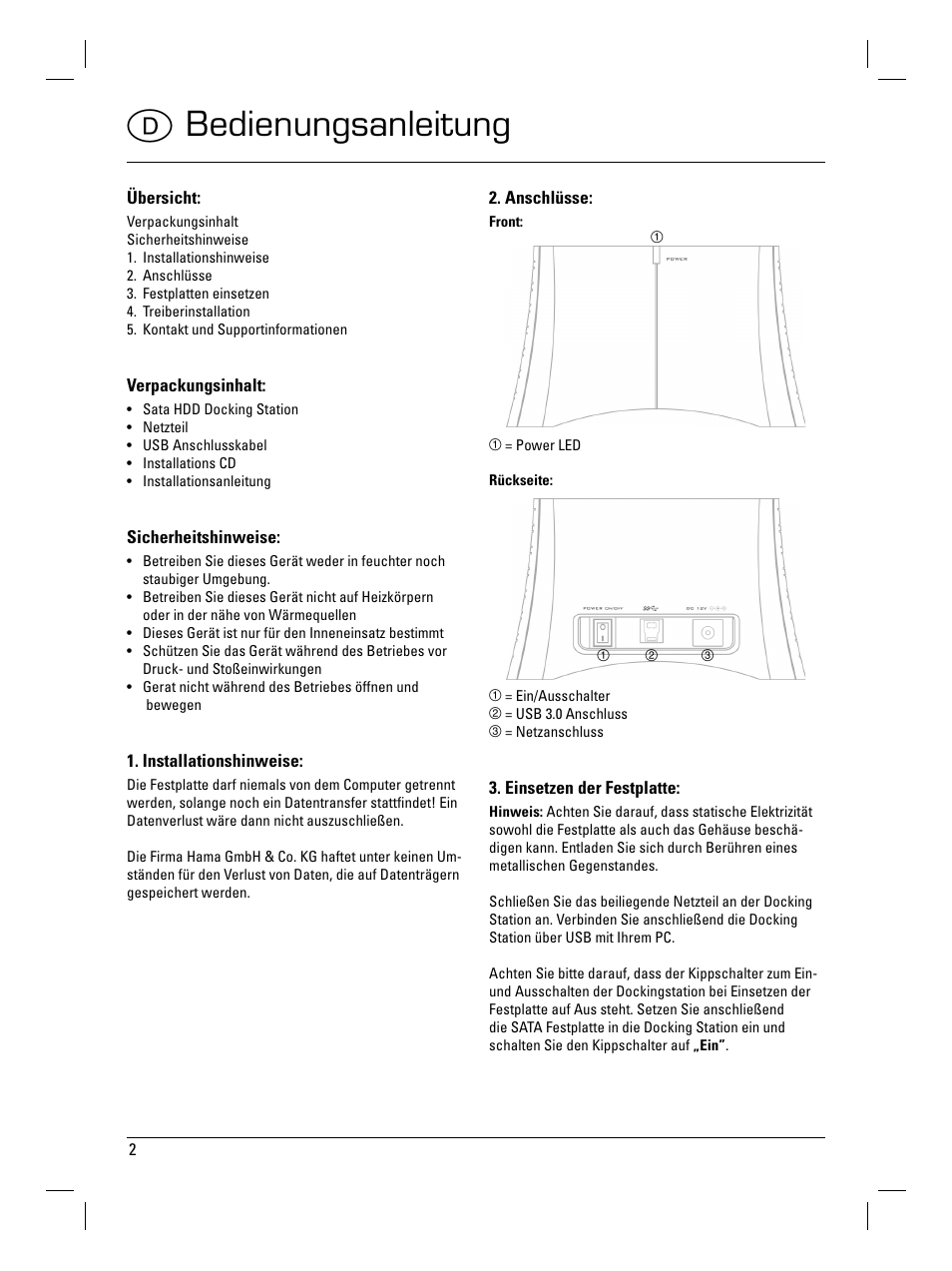 D bedienungsanleitung | Hama SATA HDD Docking Station User Manual | Page 3 / 38