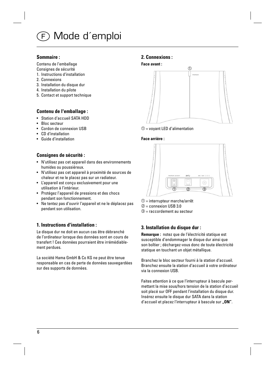 F mode d´emploi | Hama SATA HDD Docking Station User Manual | Page 7 / 38