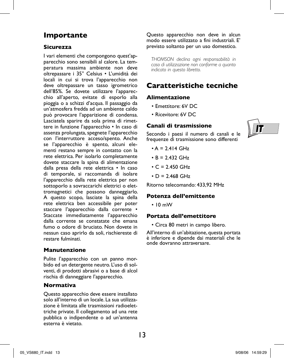 Importante, Caratteristiche tecniche | Hama VS680 User Manual | Page 17 / 48