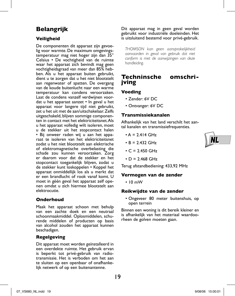 Belangrijk, Techninsche omschri- jving | Hama VS680 User Manual | Page 23 / 48