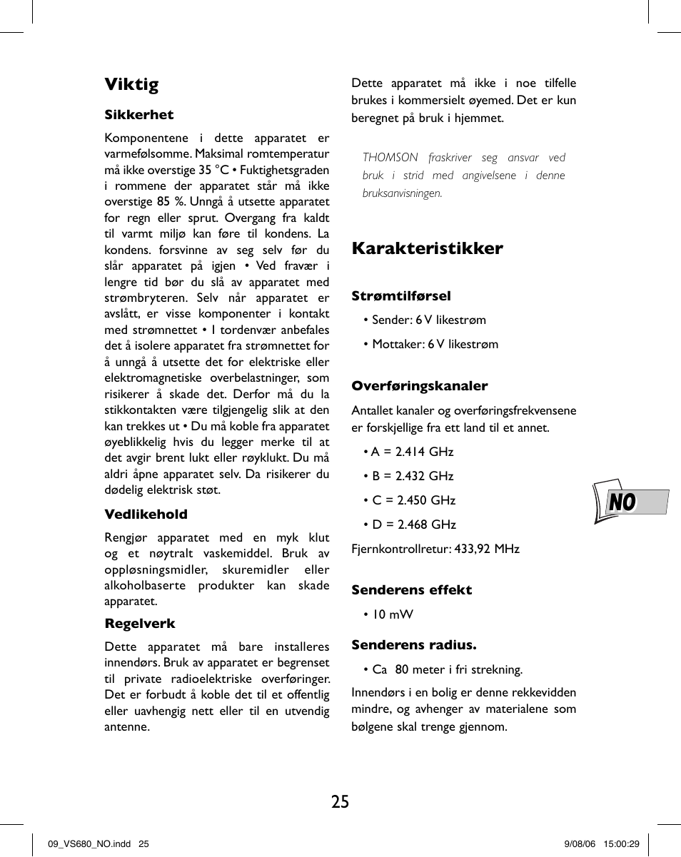 Viktig, Karakteristikker | Hama VS680 User Manual | Page 29 / 48