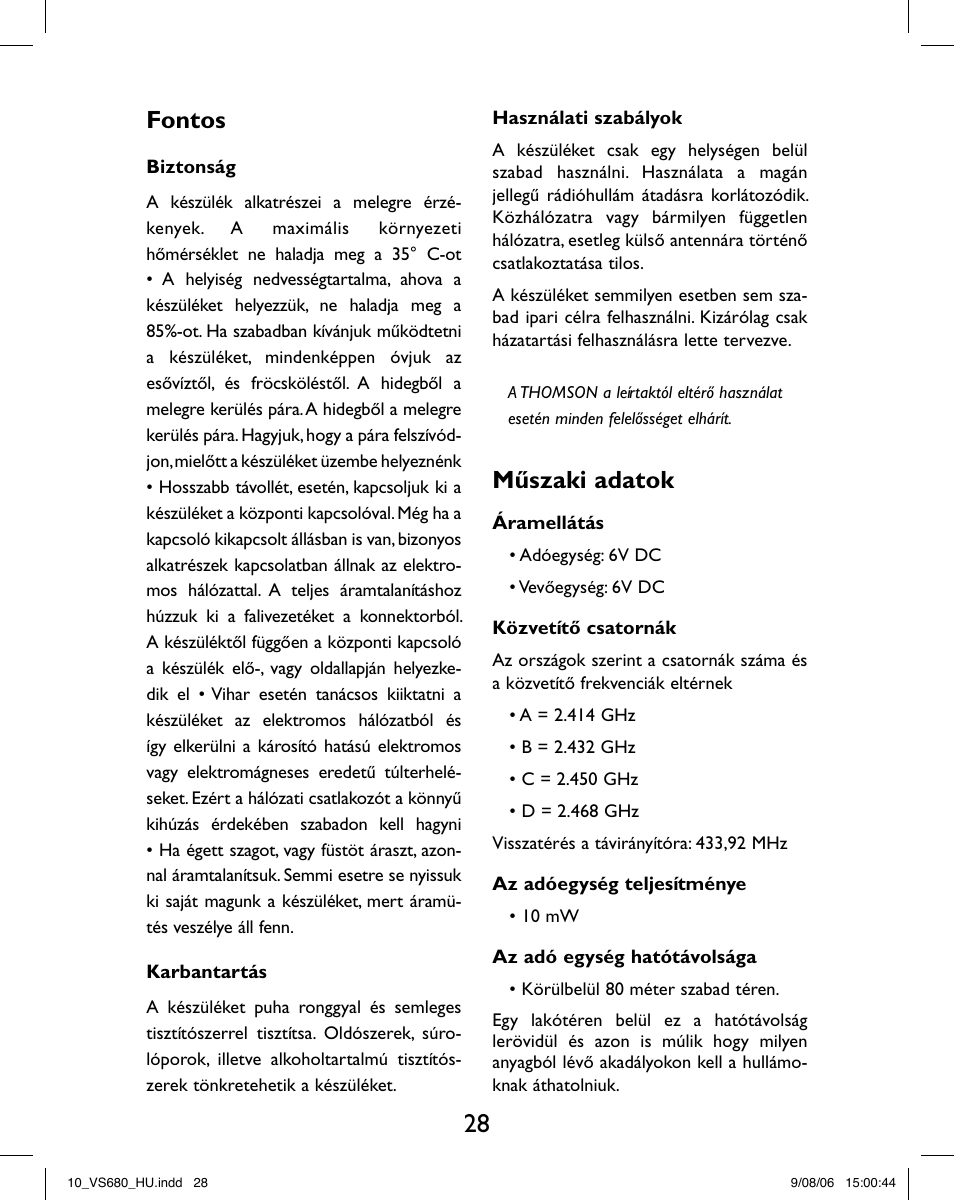 Fontos, Műszaki adatok | Hama VS680 User Manual | Page 32 / 48