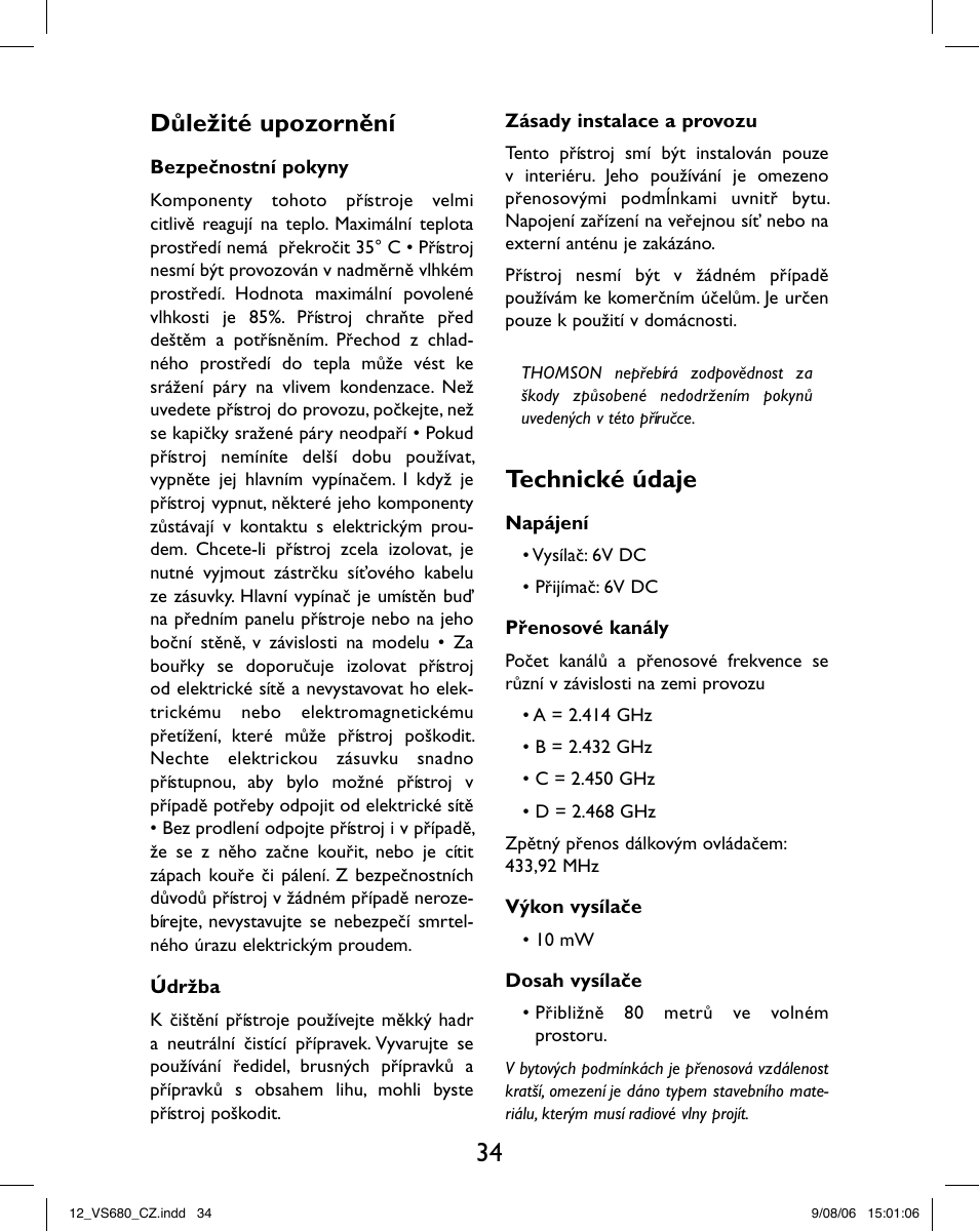 Důležité upozornění, Technické údaje | Hama VS680 User Manual | Page 38 / 48