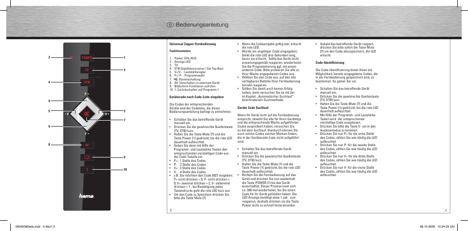 D bedienungsanleitung, D bedienungsanleitung g operating instruction | Hama Remote Control Universal 2in1 User Manual | Page 2 / 10