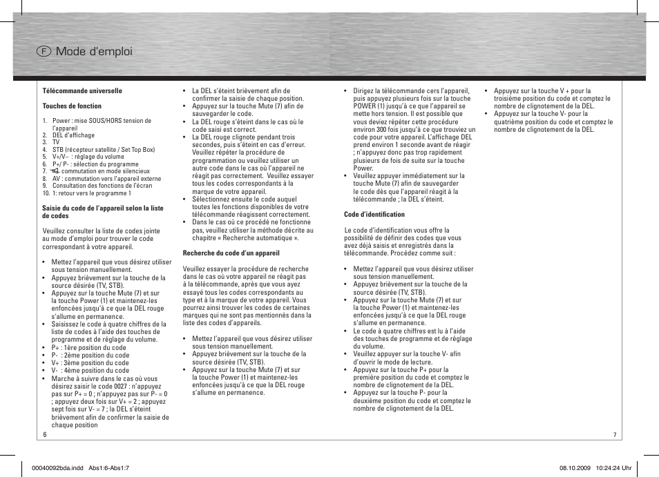 F mode d‘emploi | Hama Remote Control Universal 2in1 User Manual | Page 4 / 10