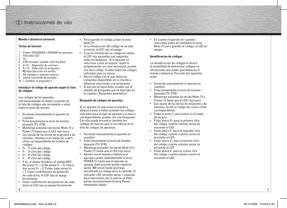 E instrucciones de uso | Hama Remote Control Universal 2in1 User Manual | Page 5 / 10