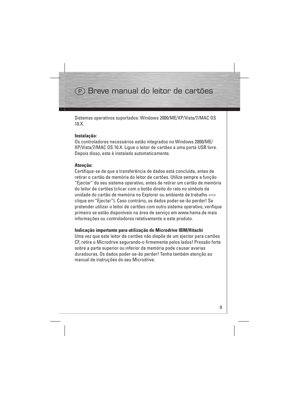 P breve manual do leitor de cartões | Hama Card Reader Writer 35in1 User Manual | Page 10 / 18